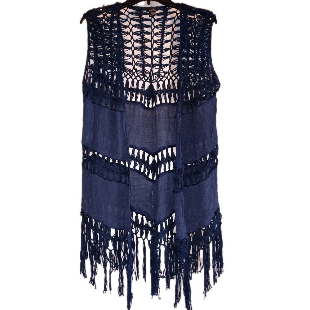 Rue21 Blue Open Knit Crochet Fringe Vest Boho Festival Cardigan Size S